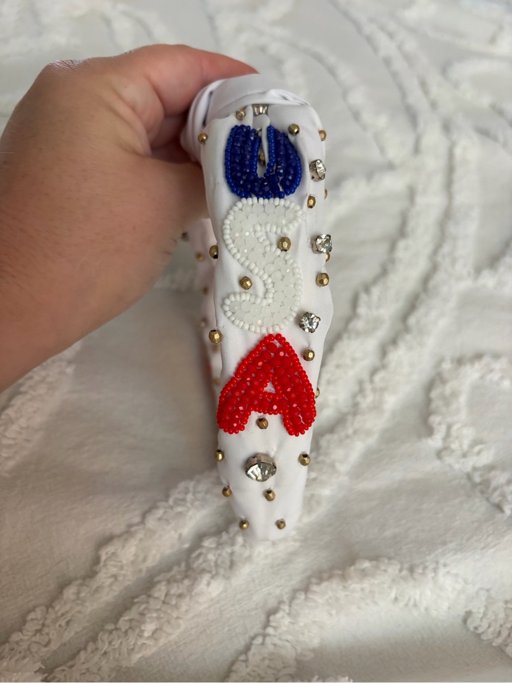 Boutique Beaded Headband USA - White with Red, Blue, and White Beads
